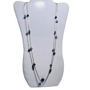 Double Strand Gold Tone Necklace With Cobalt Blue Aqua & Clear Beads (5603)